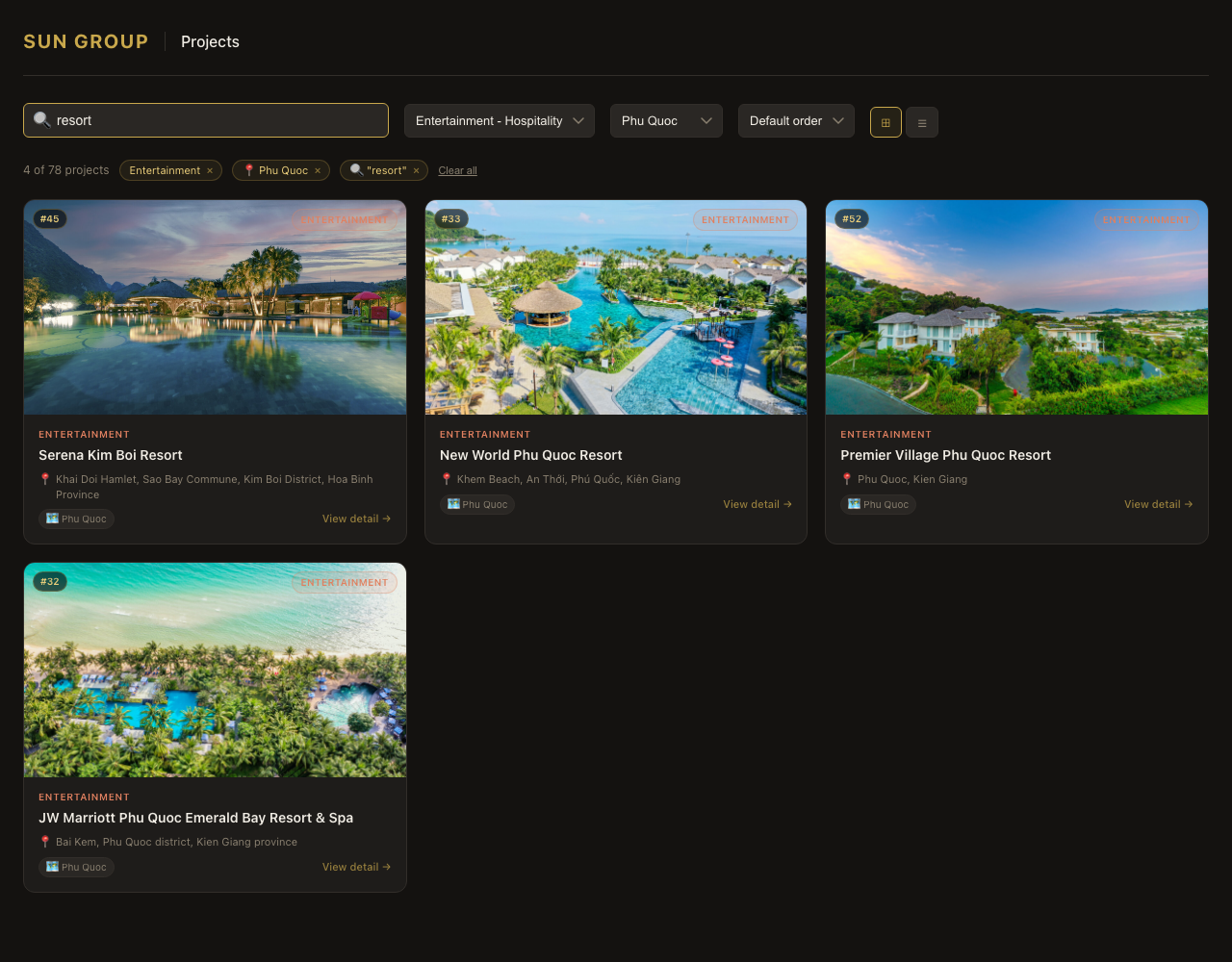 Real browser screenshot of the Sun Group projects demo app with active search and filters